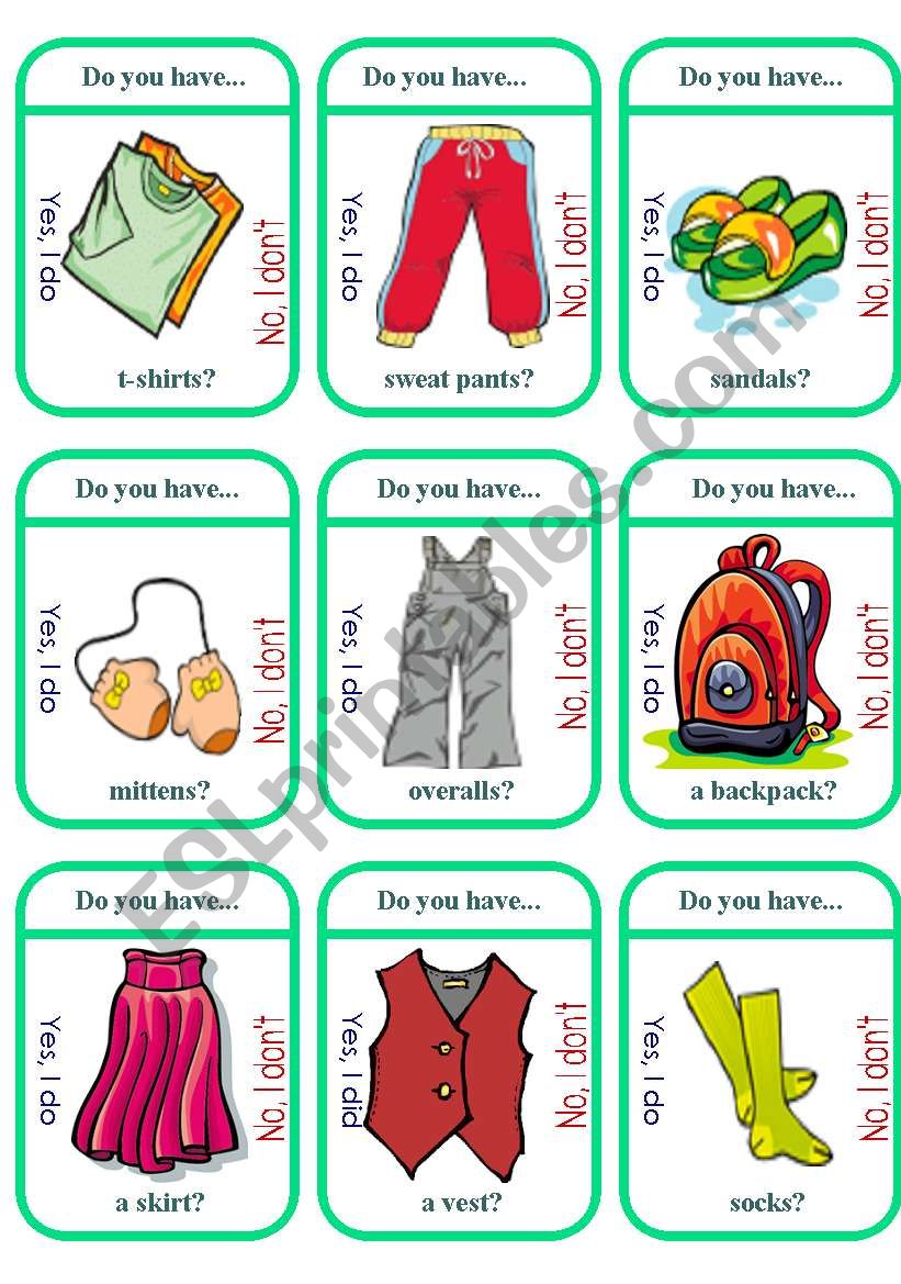 Clothes Game Cards (2 of 2) worksheet