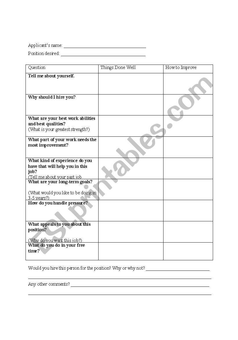 Mock Interview worksheet