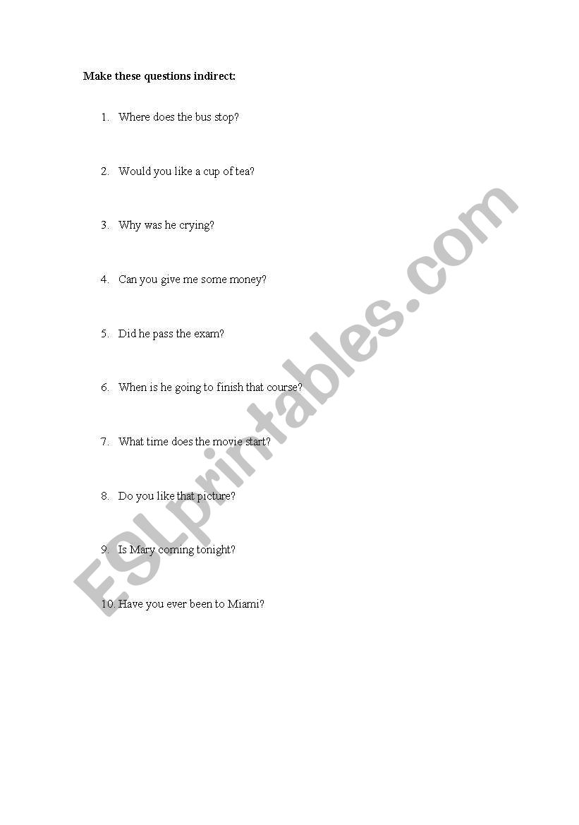 Indirect questions worksheet