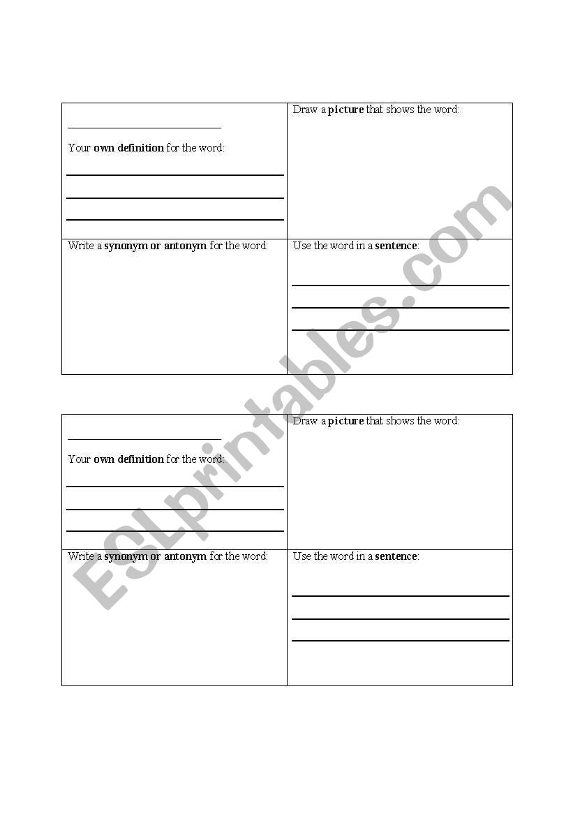 Vocabulary Squares worksheet