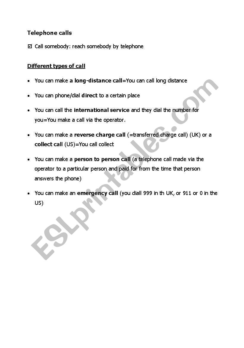 Telephone calls worksheet