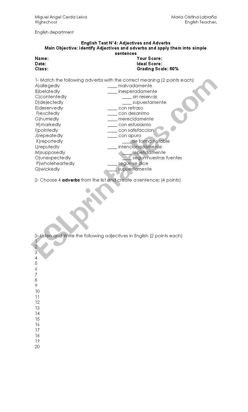 adjectives and adverbs test  worksheet