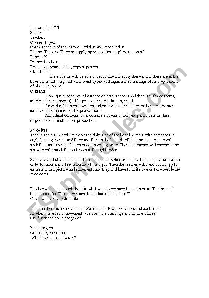 prepositions in on at worksheet