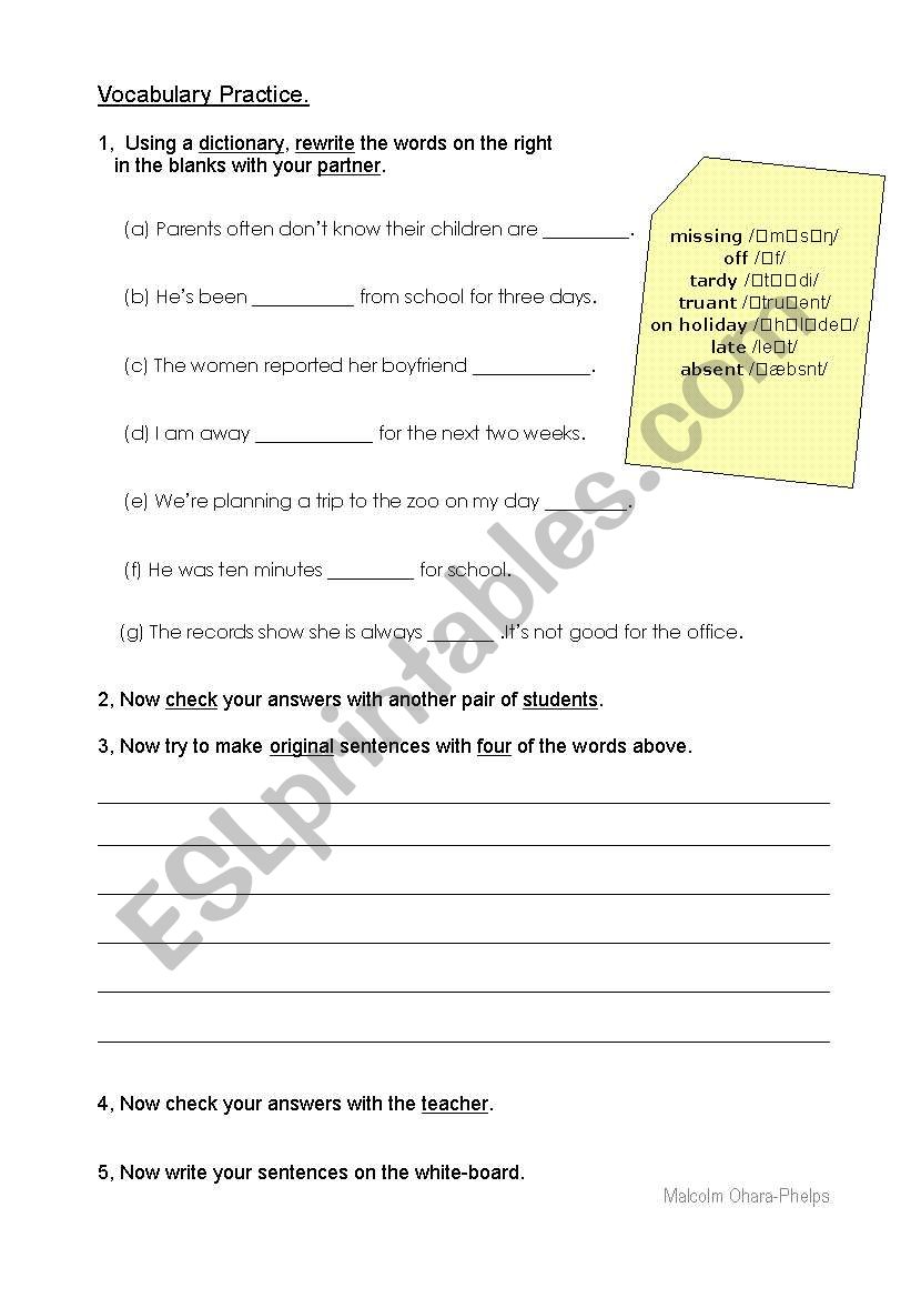 Vocabulary, Absence worksheet