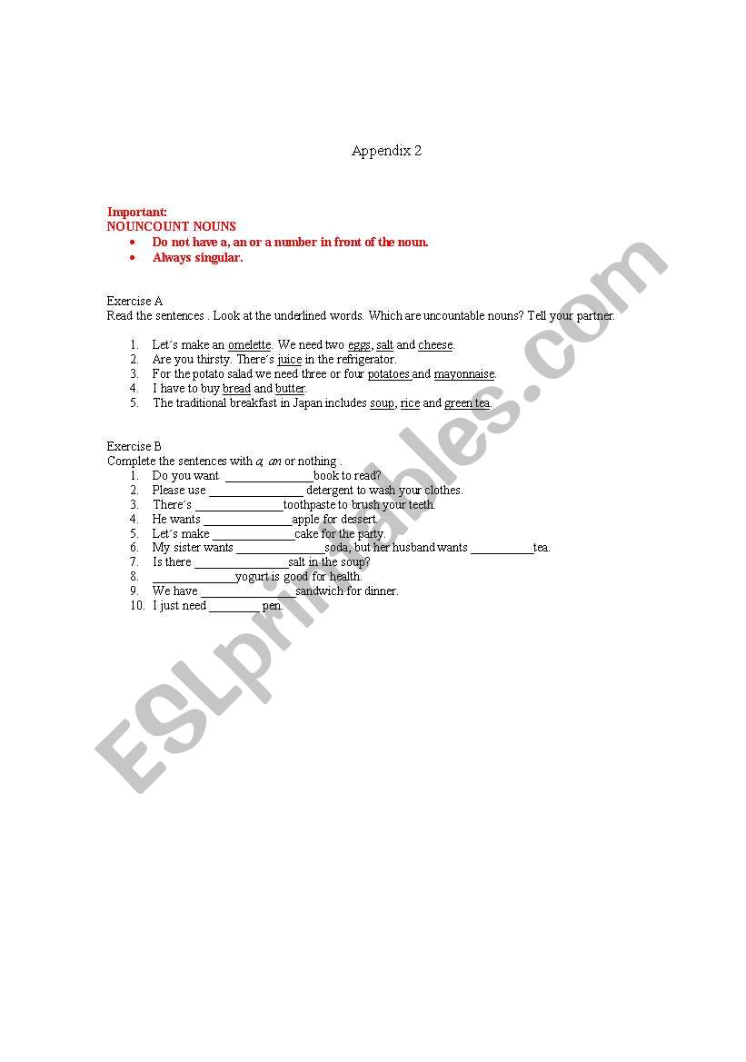 countable uncountable nouns worksheet