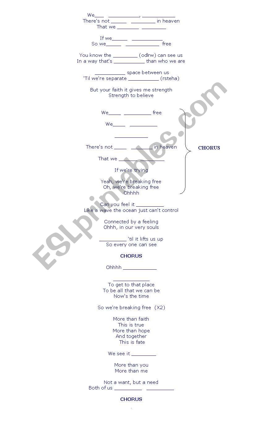 Breaking free lyrics worksheet