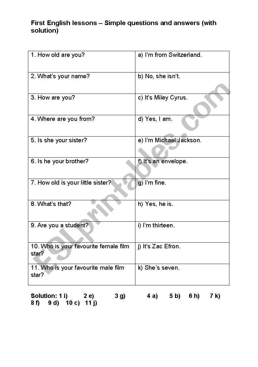 matching basic questions and answers 