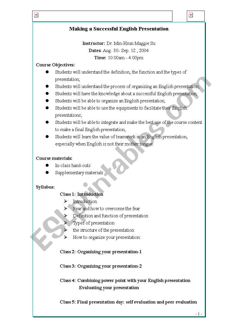 English presentation worksheet