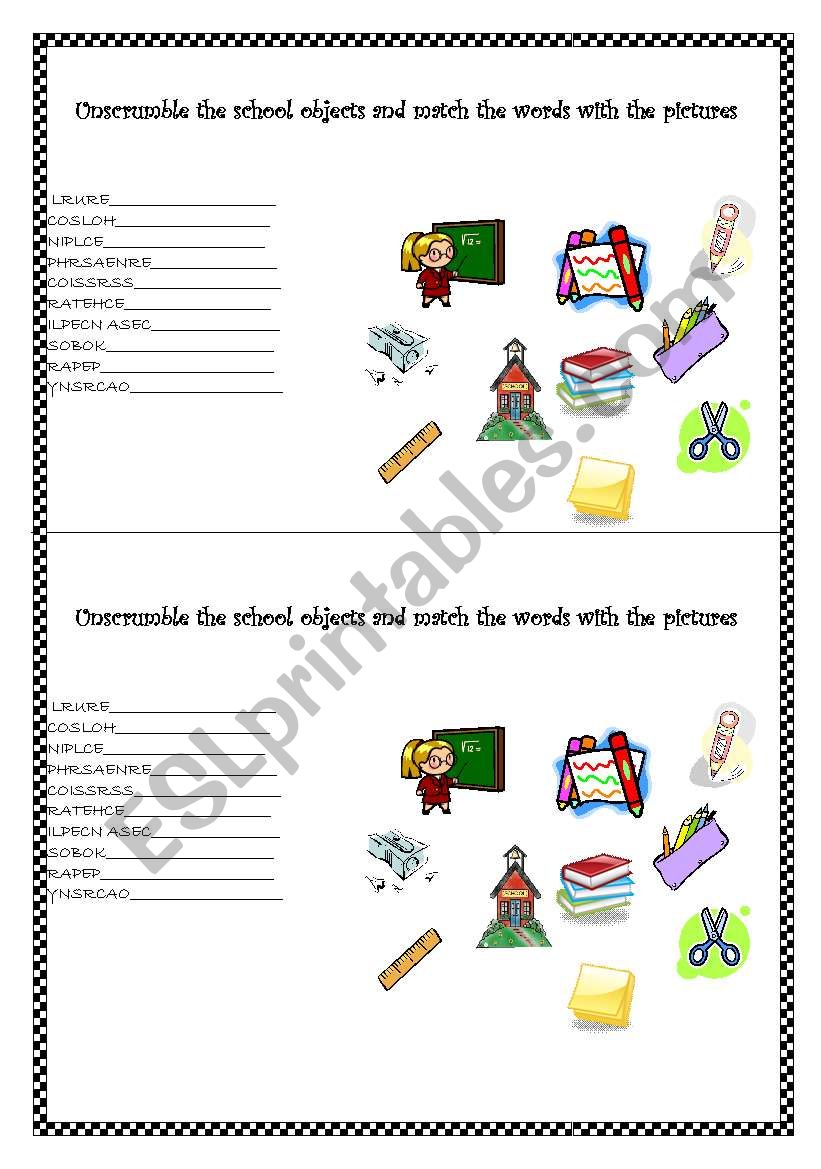 Unscramble the school objects worksheet
