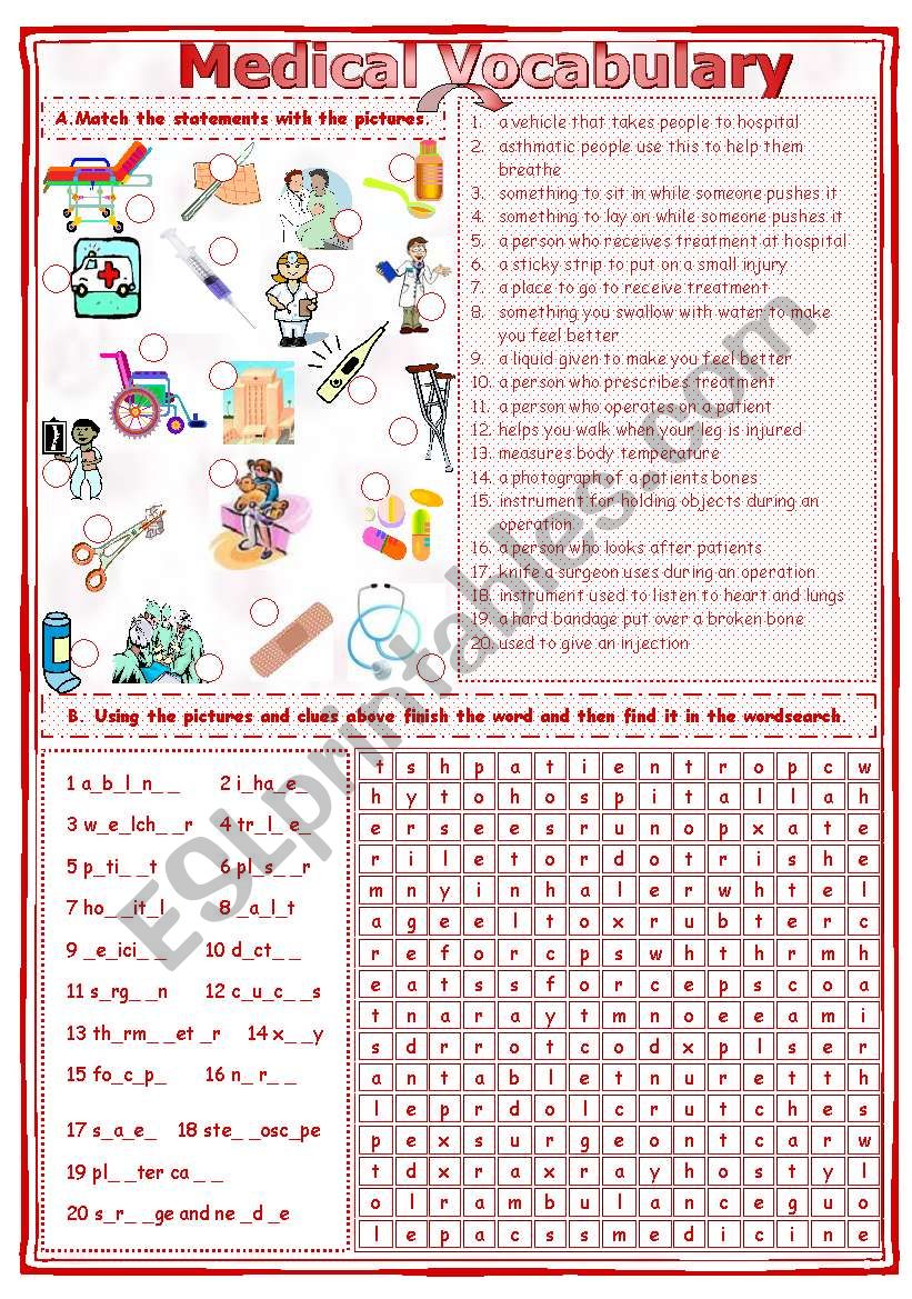 Match  & Find - Medical Vocabulary