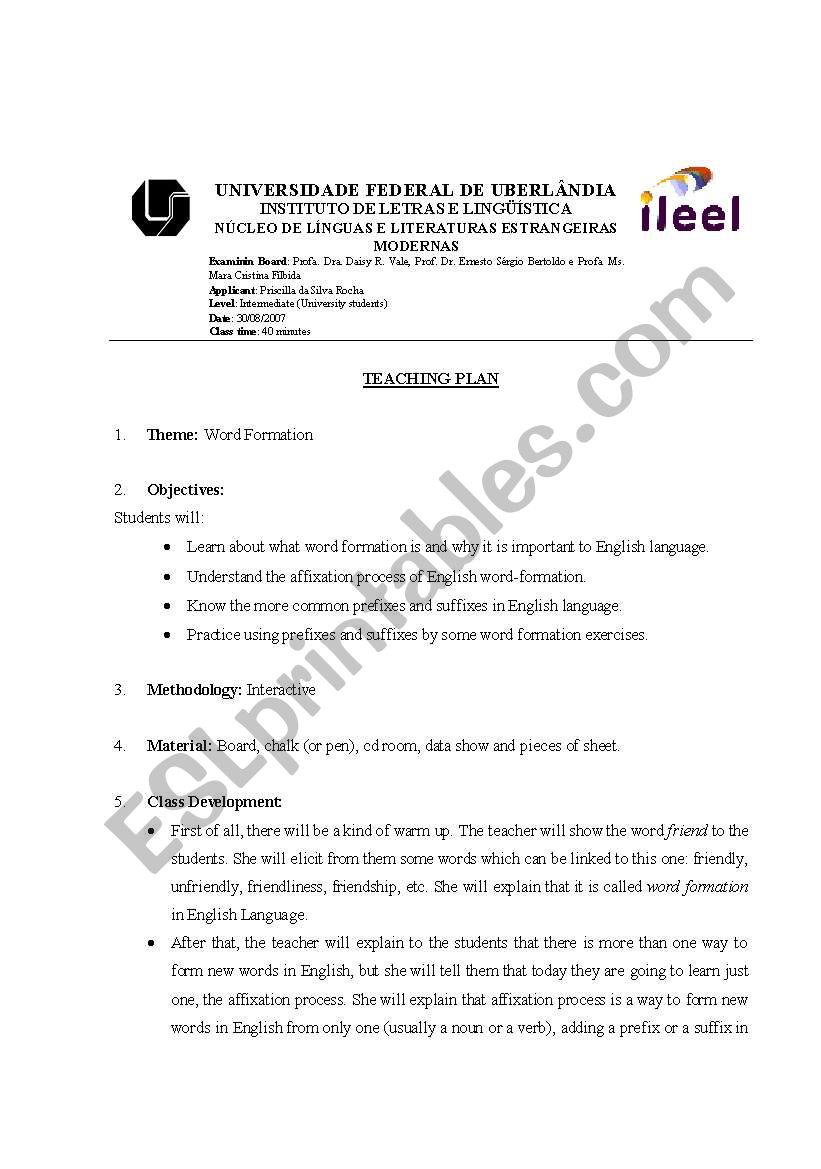 Lesson plan about word formation