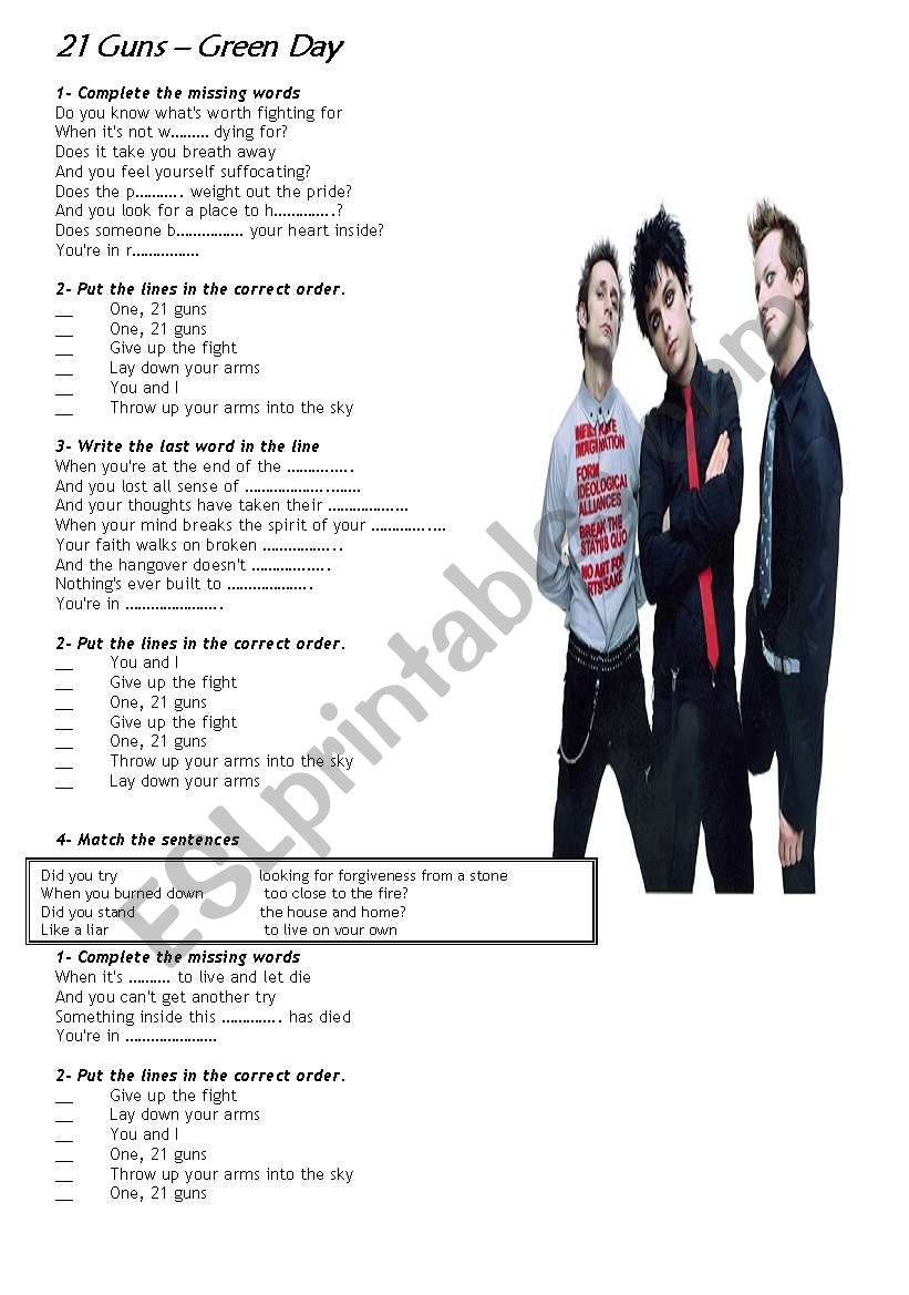 21 Guns - Greenday worksheet