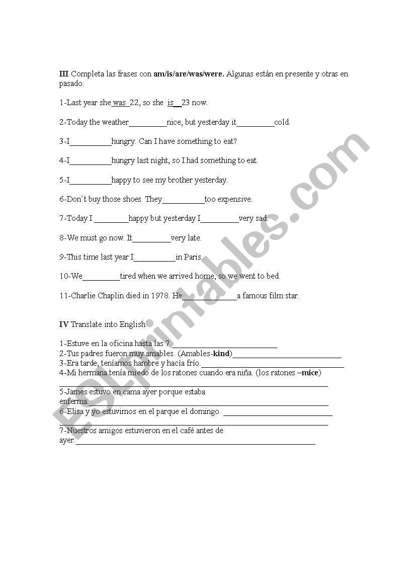 complete with am/is/was/were worksheet