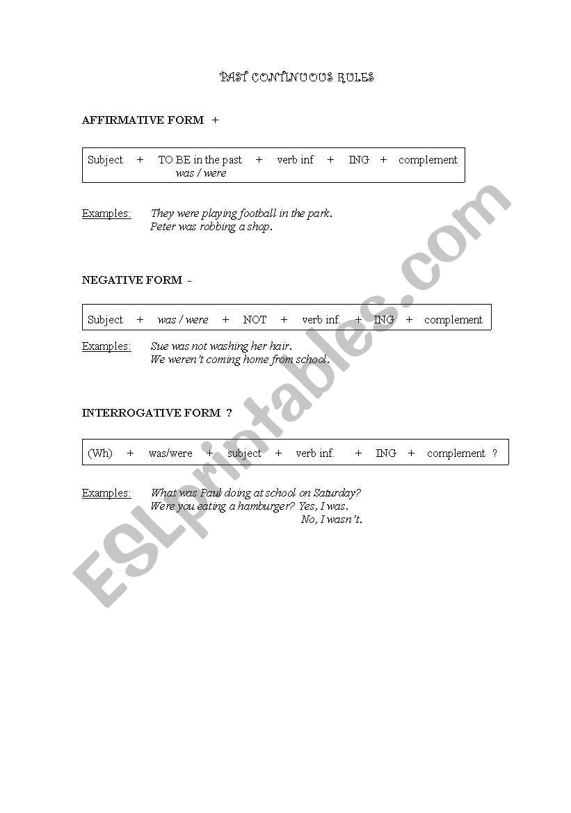 PAST CONTINUOUS RULES worksheet