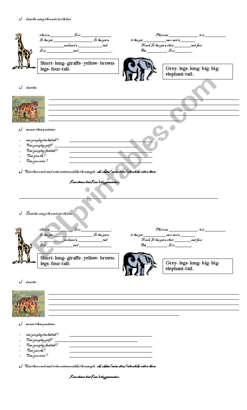 animal description worksheet