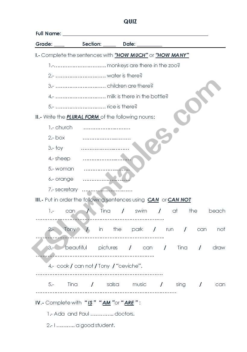 QUIZ - HOW MUCH/MANY-CAN-PLURAL NOUNS