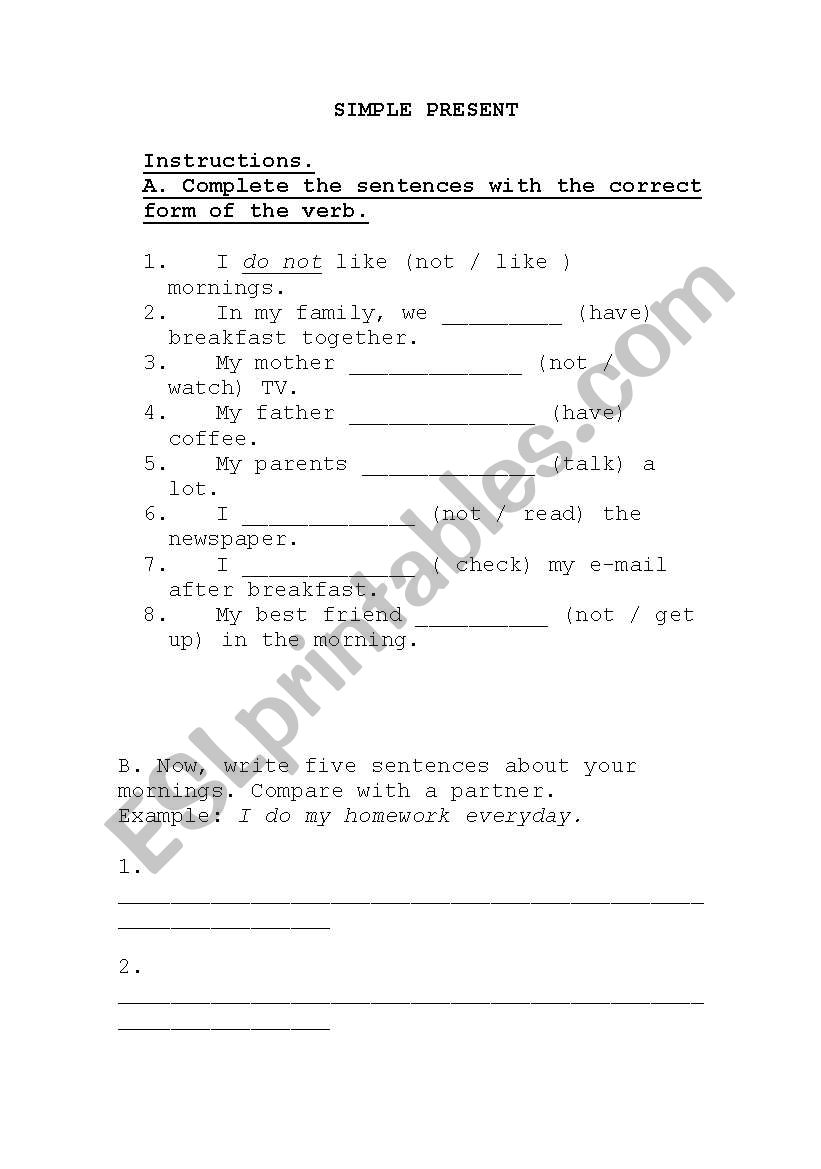 SIMPLE PRESENT WORK SHEET worksheet