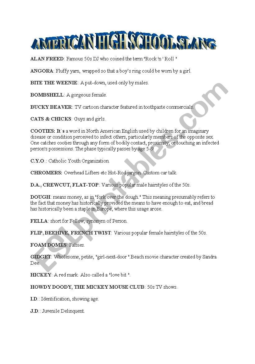 American Highschool Slang worksheet