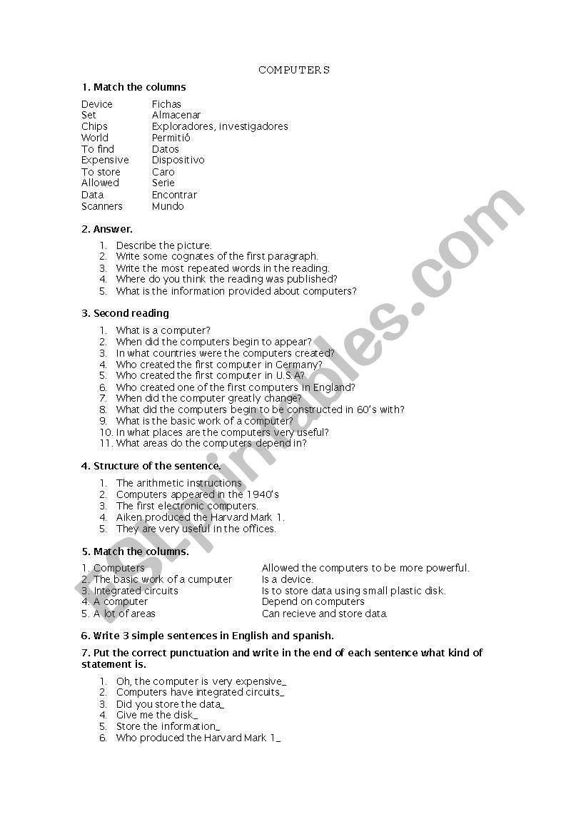 Computer Reading skill worksheet