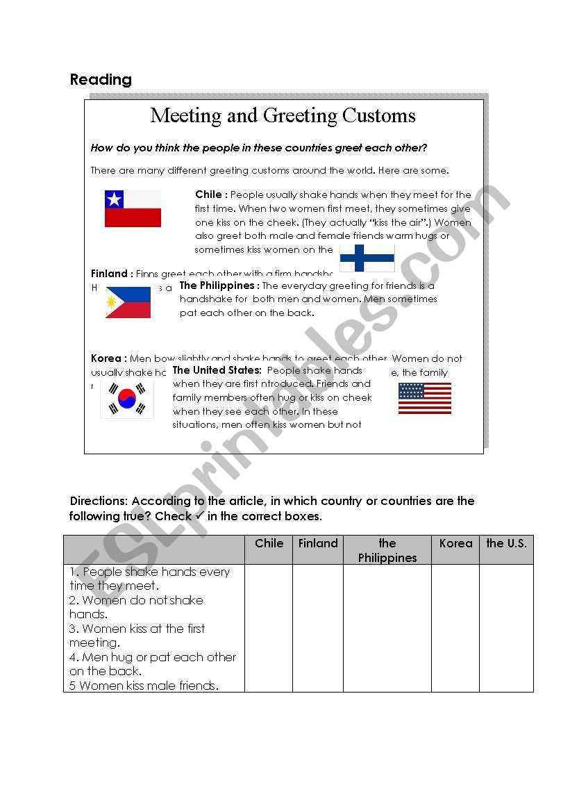 Greeting Customs worksheet