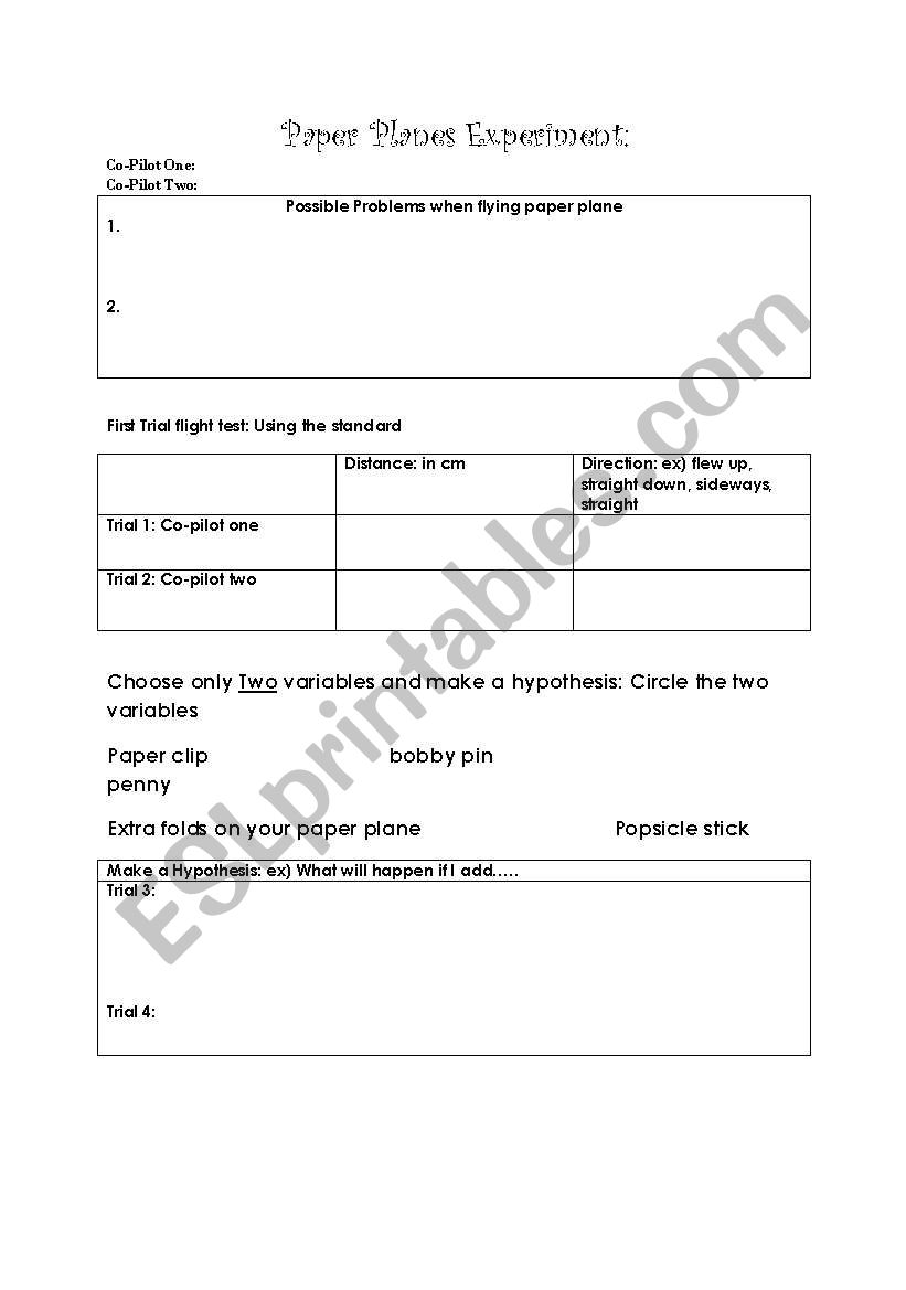 Paper planes worksheet