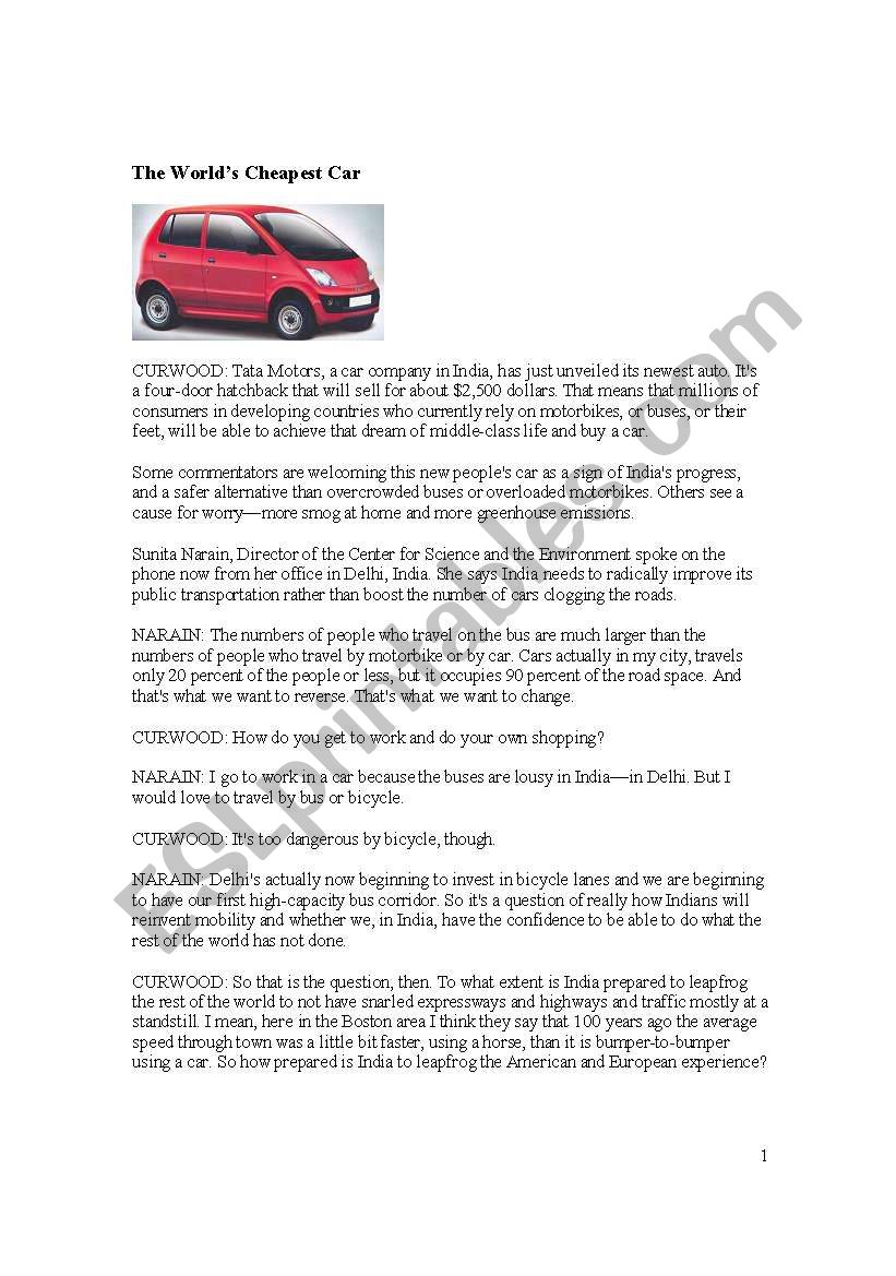 cheapest car worksheet