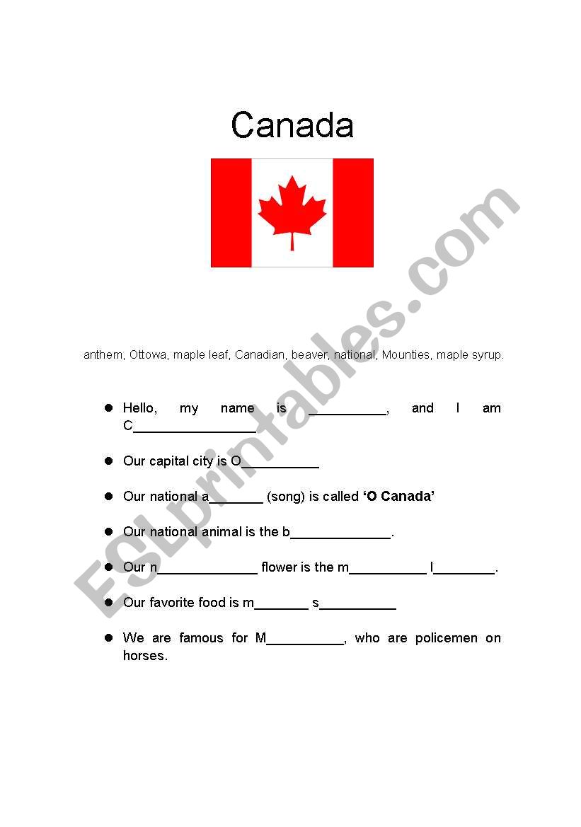 Introduction to Canada worksheet