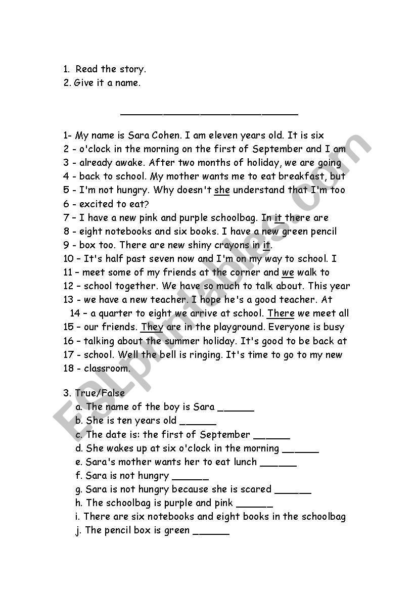 text: The First Day of School worksheet