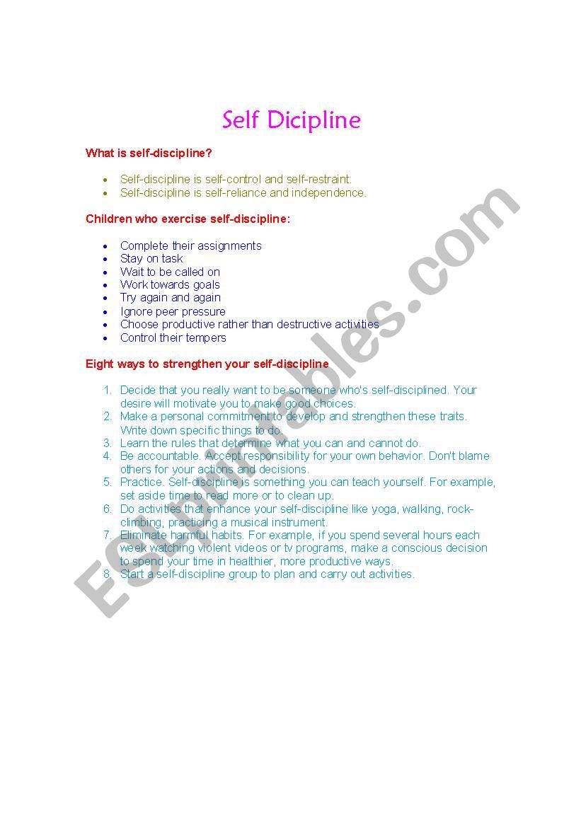 self discipline in kids worksheet