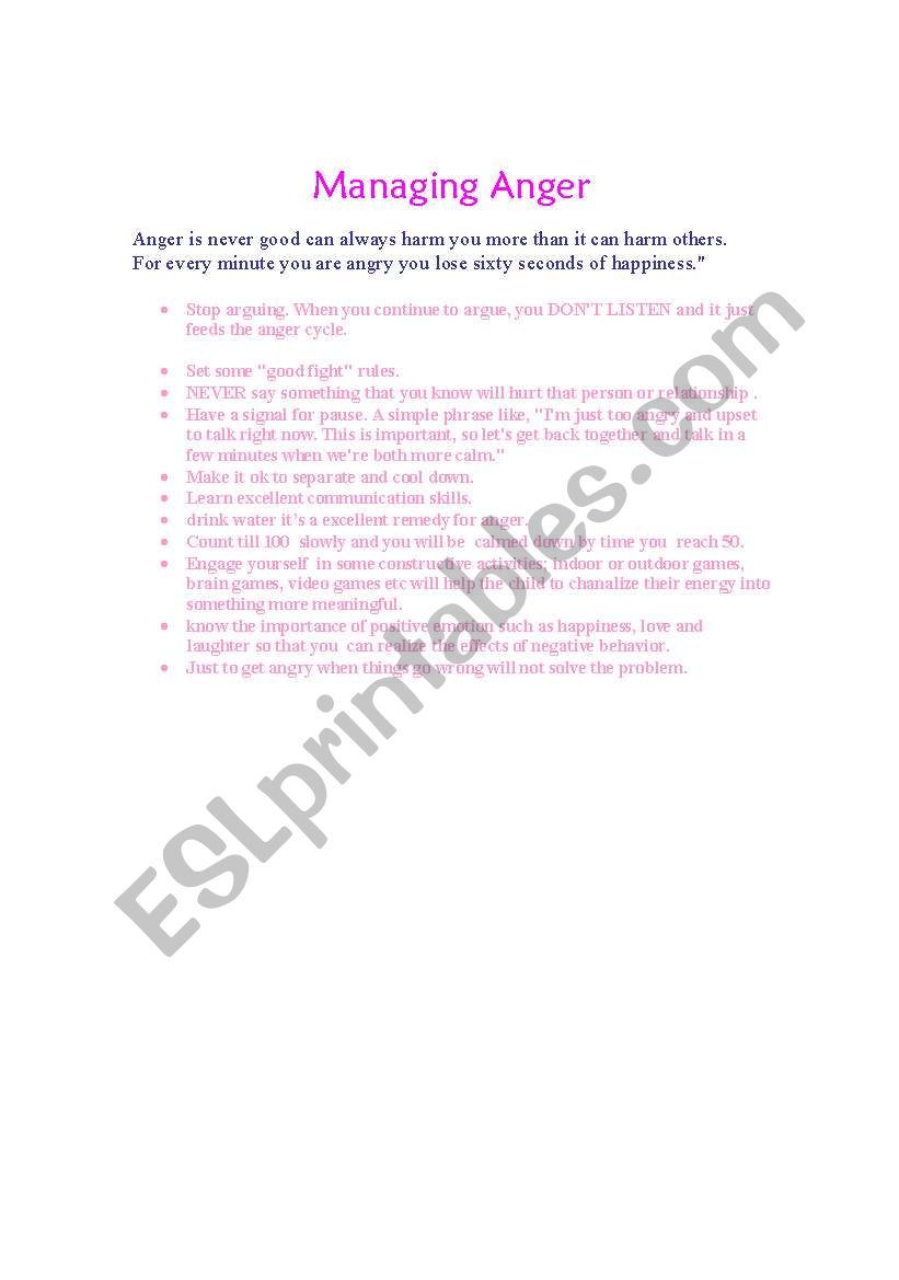 managing anger for kids  worksheet