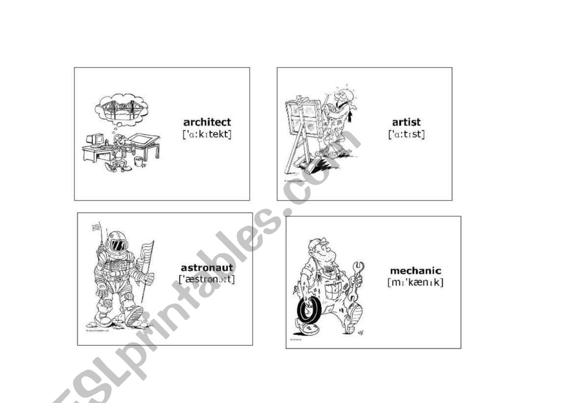 Professions b/w flash-cards worksheet