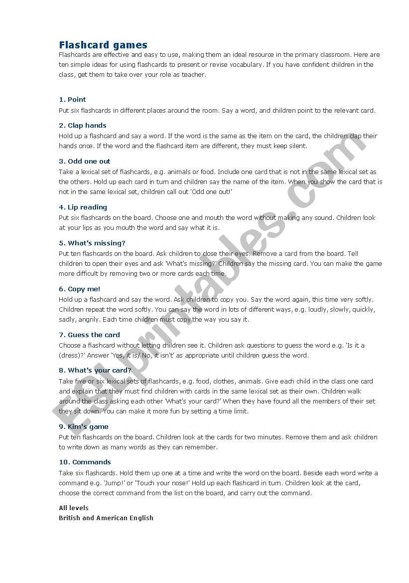 Flash cards games worksheet