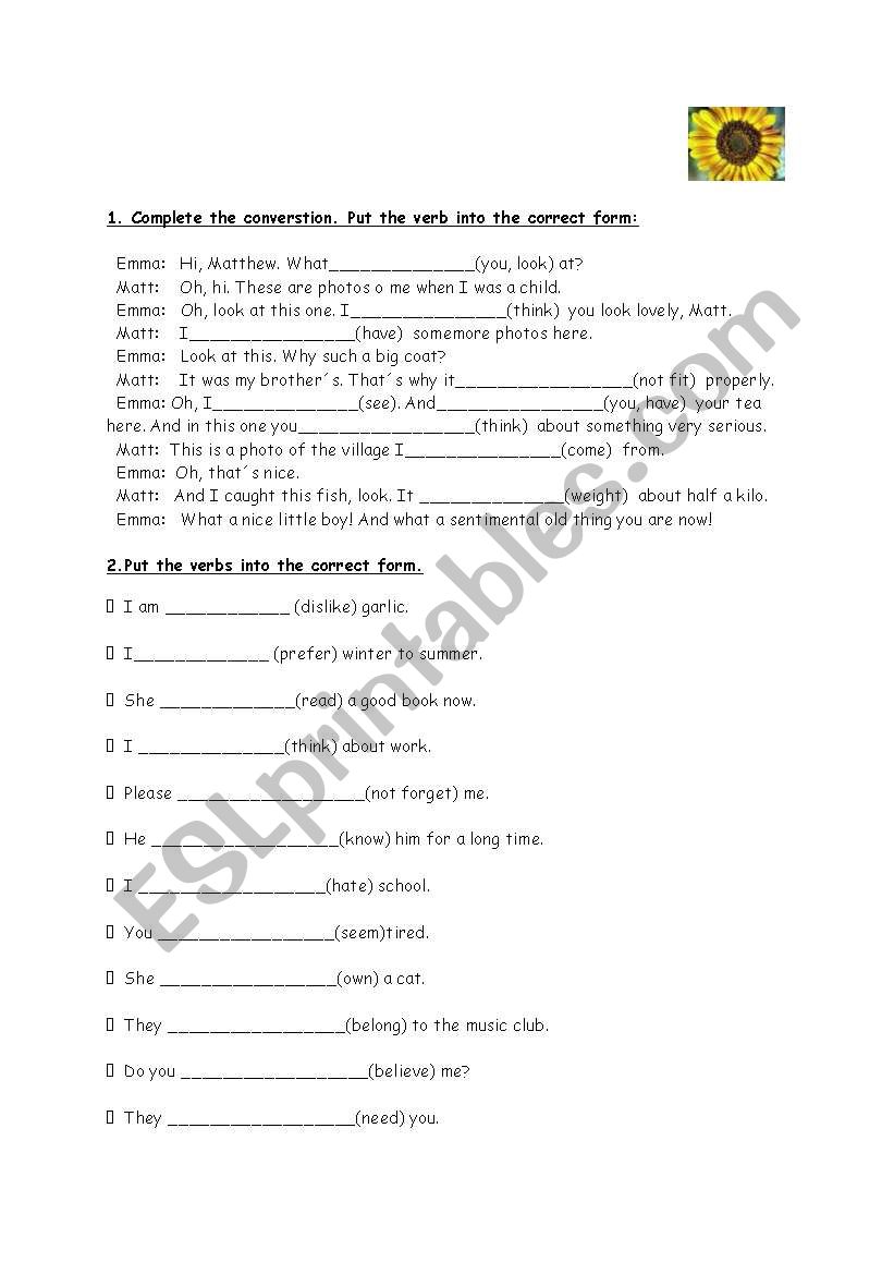 State and action verbs worksheet