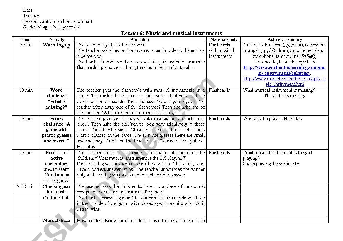 Music and musical instruments worksheet