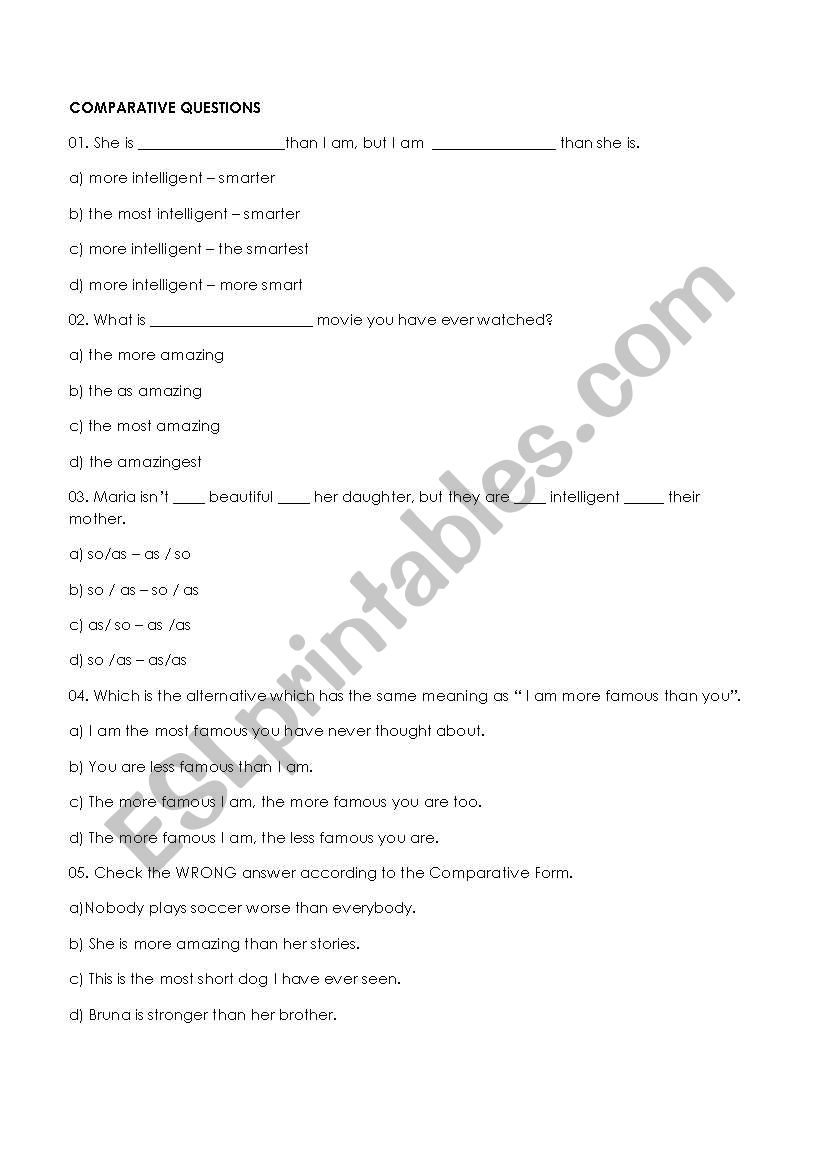 Comparative Questions worksheet