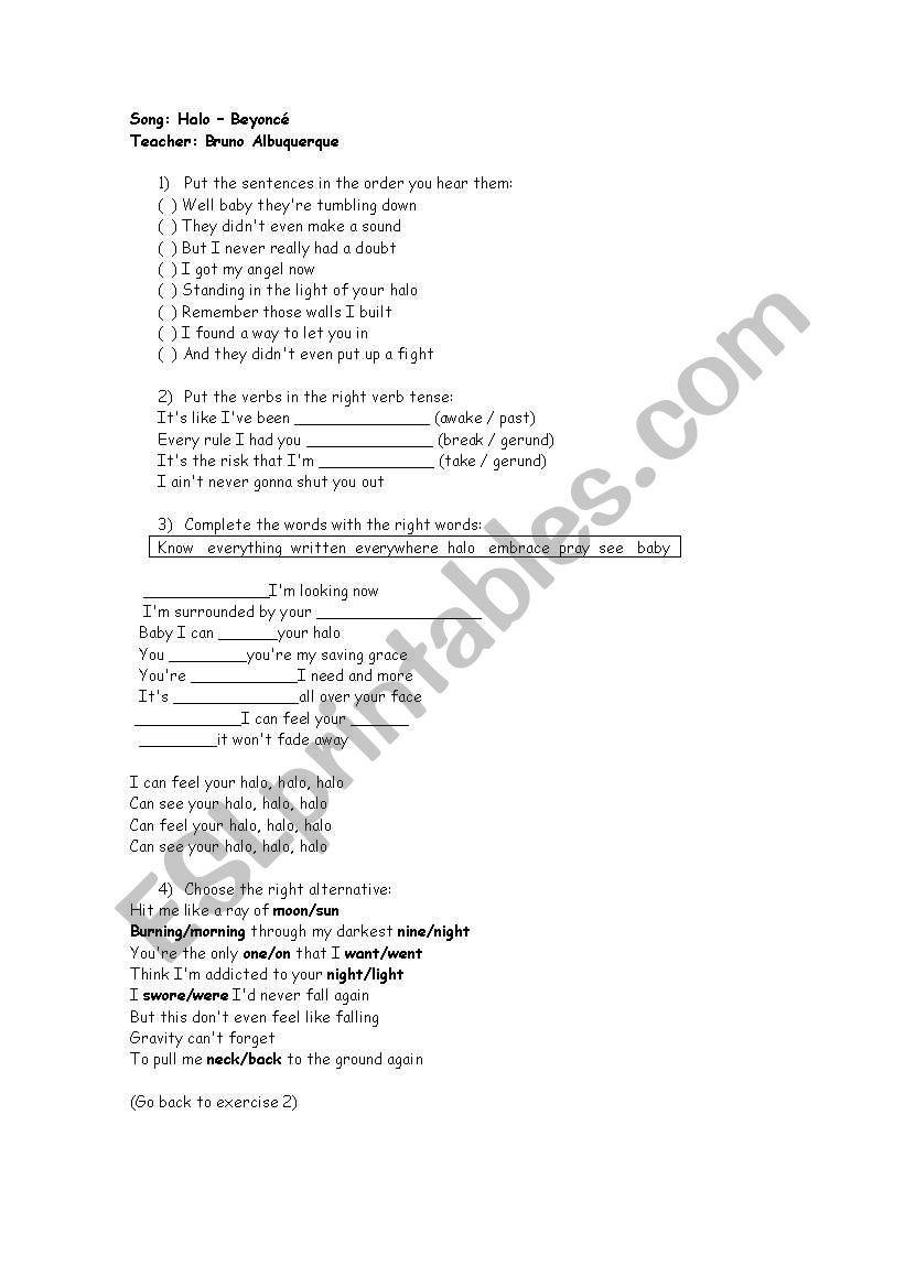 song: halo - beyoncé worksheet