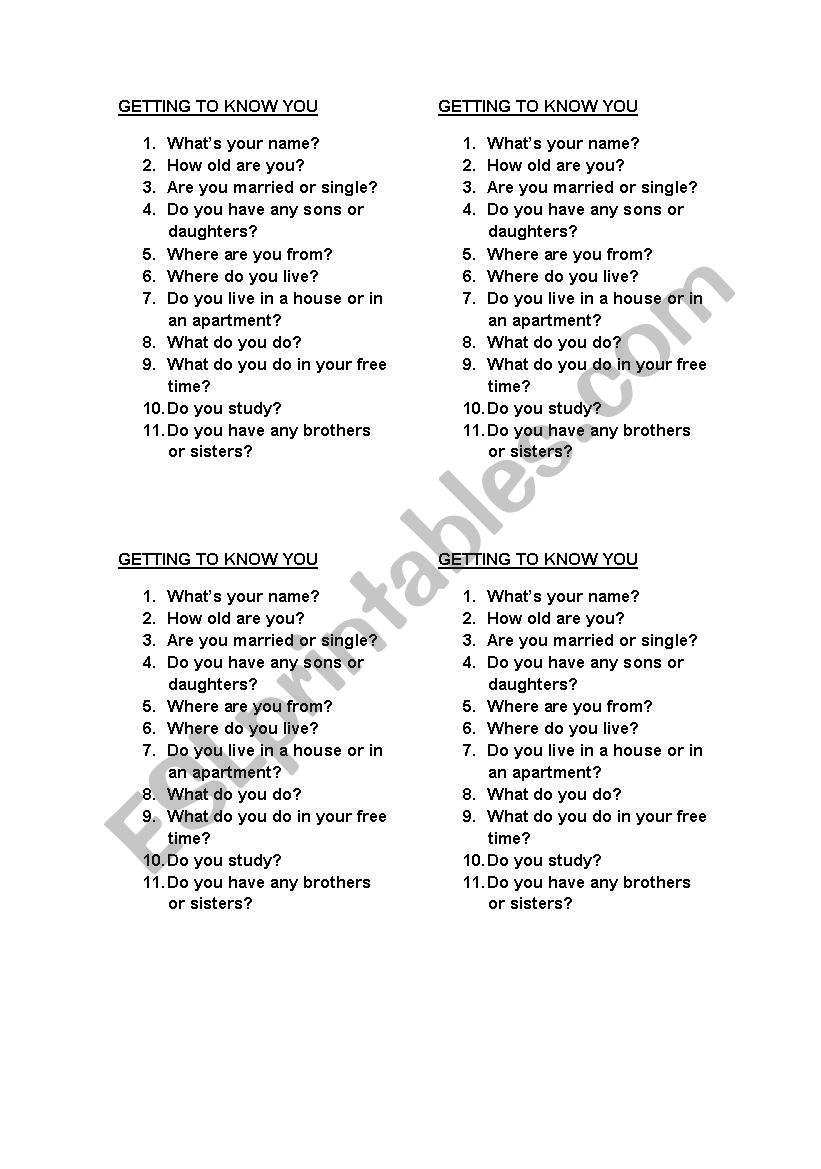 Getting to know you worksheet
