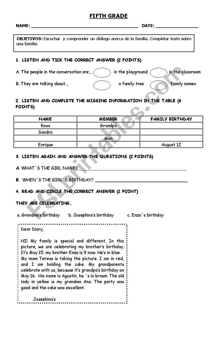 fifth grade listening test  worksheet