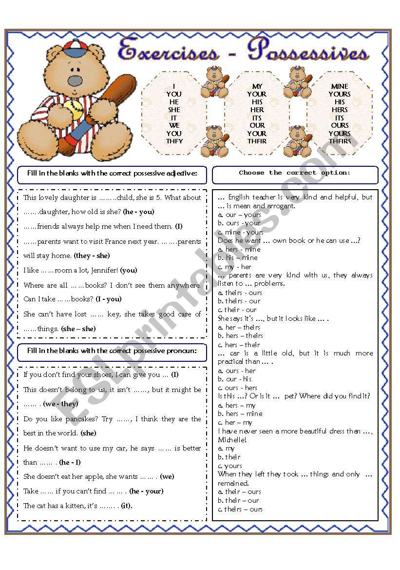 EXERCISES - -  POSSESSIVES worksheet