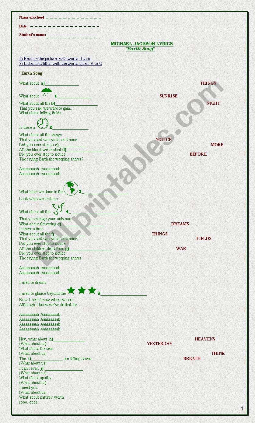 Earth Song Michael Jackson worksheet