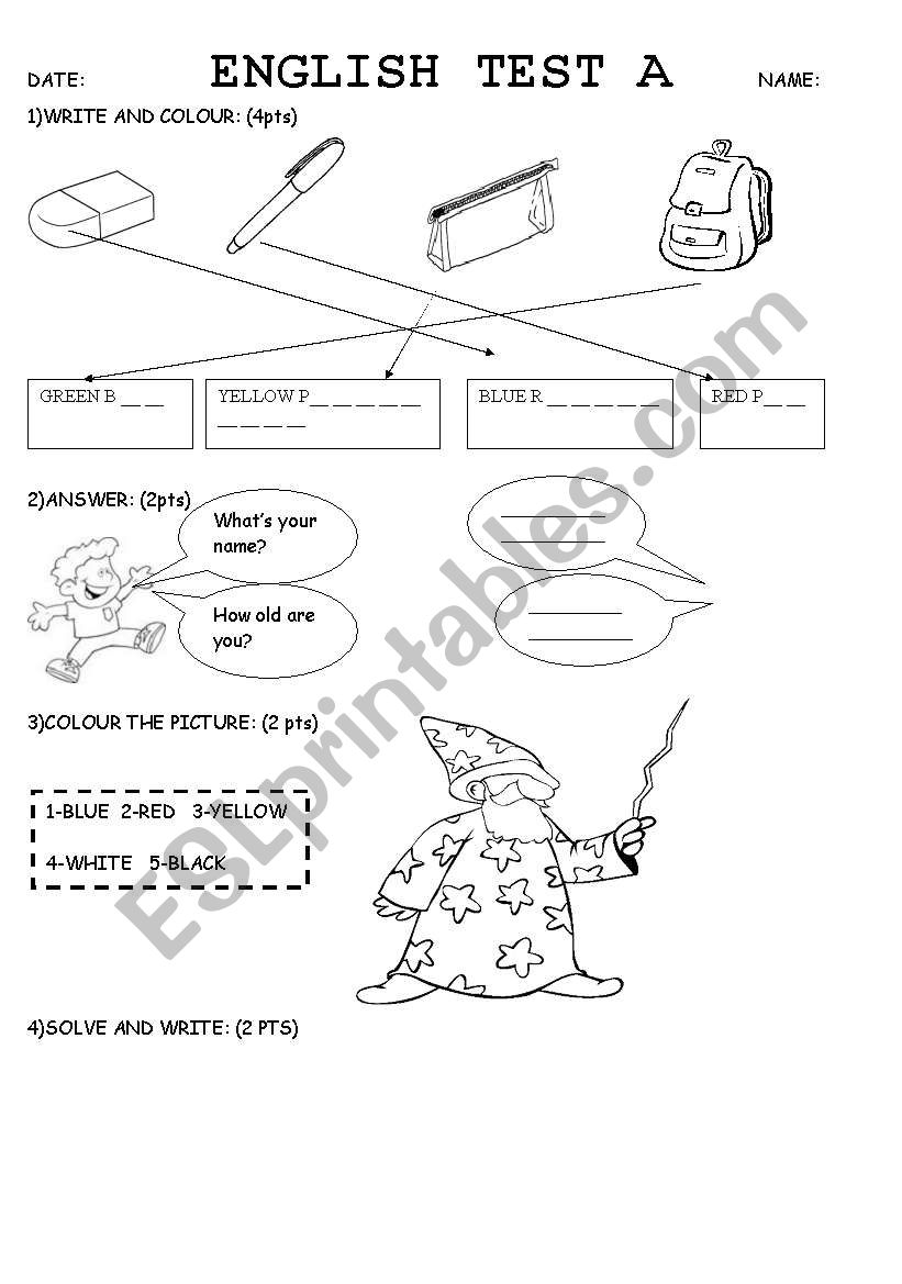 easy tests A & B- colours, school things, numbers