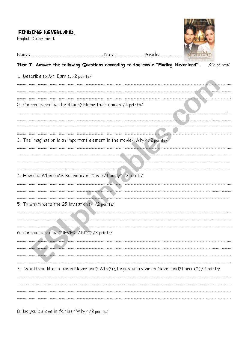 FINDING NEVERLAND worksheet