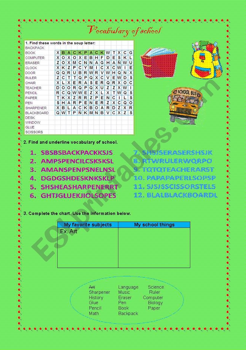 vocabulary of school worksheet
