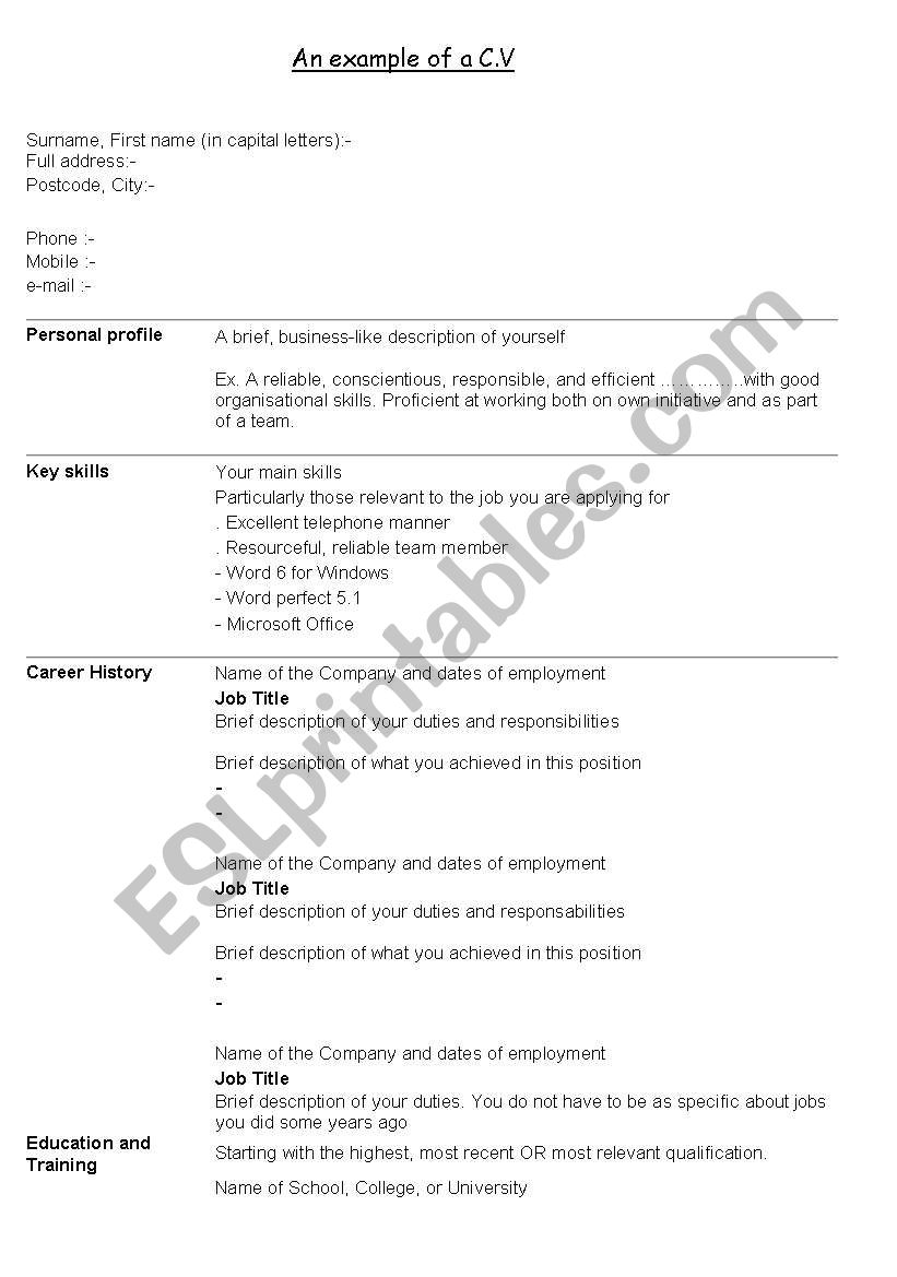 Example of a C.V worksheet