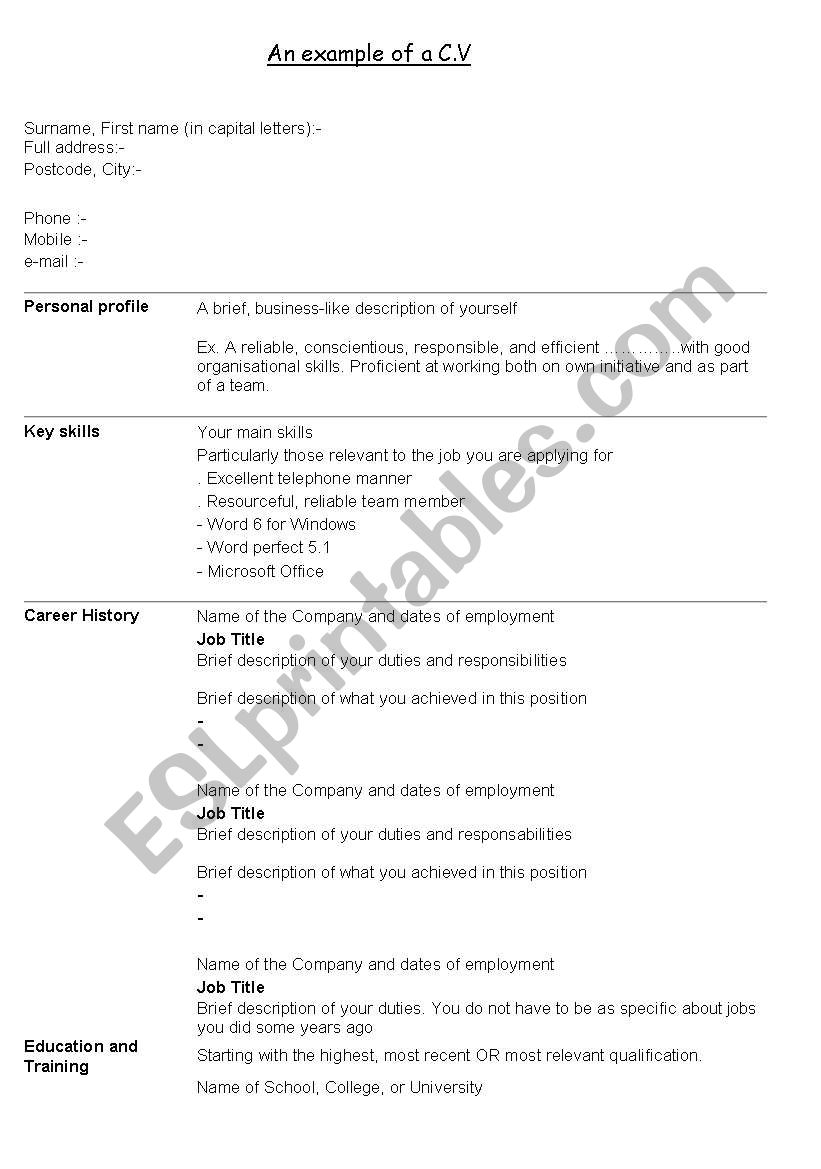 Example of a C.V worksheet