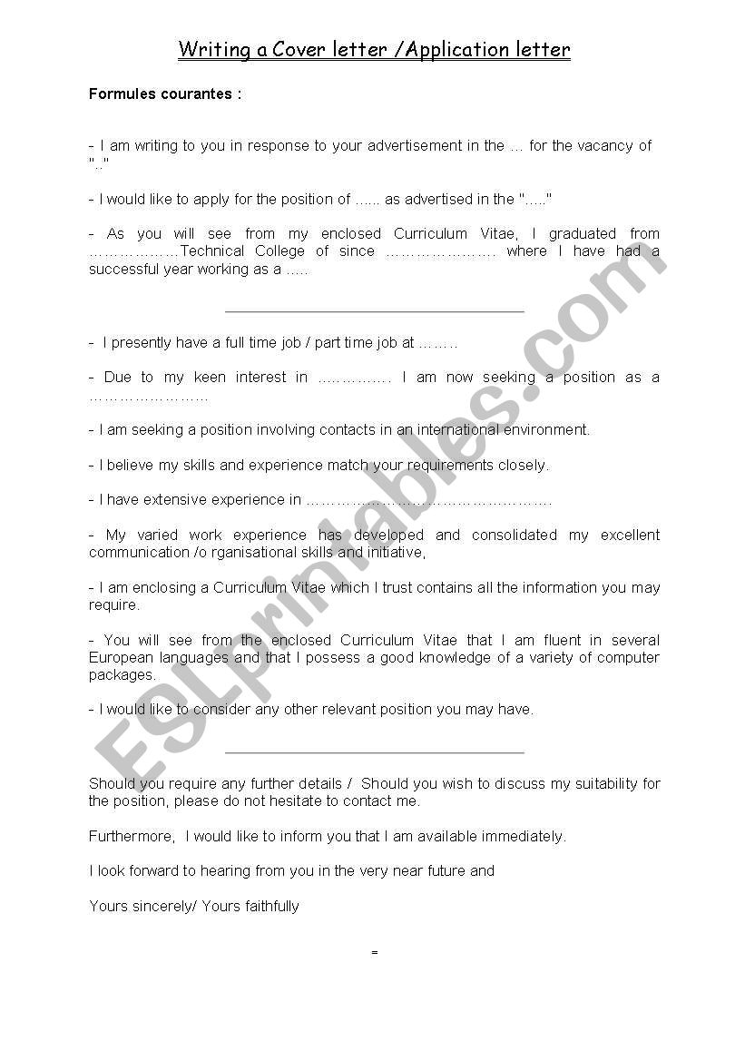 cover letter worksheet