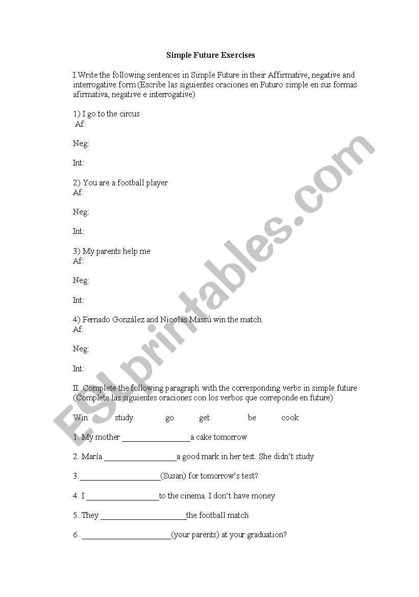 Future tense exercises worksheet