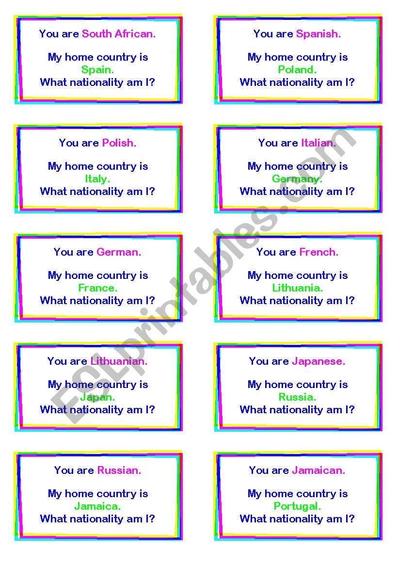 Loop Game - Nationalities worksheet