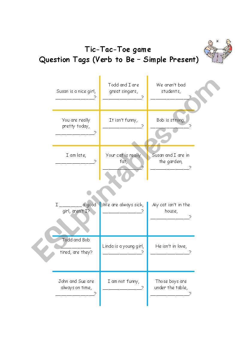 Question tag tic-tac-toe game (verb to be - simple present)