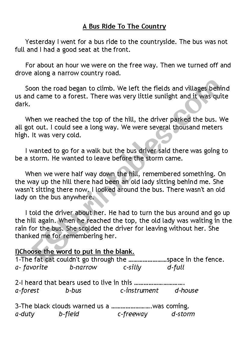 A Bus Ride To The Country worksheet